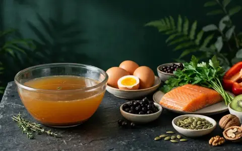 Bulion, łosoś, jajka, jagody, papryka, kiwi, orzechy i pestki dyni – to produkty, w czym jest kolagen.