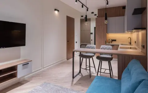 Un studio étudiant moderne avec coin cuisine, bar et salon. Idéal pour un deco studio etudiant fonctionnel et stylé.