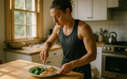 Mujer atlética prepara su comida, calculando las calorías de los alimentos: pollo, brócoli y arroz.