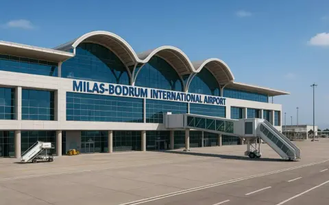 Nowoczesny budynek lotniska Milas-Bodrum International Airport z charakterystycznymi łukami dachu i przeszkloną fasadą.