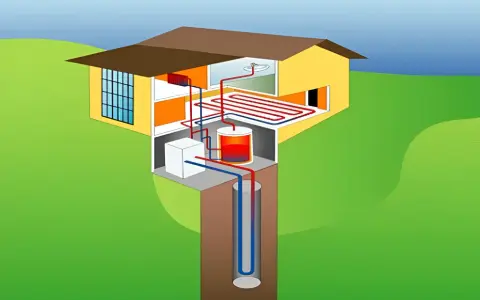 Sistema de geotermia vertical que calienta una casa mediante un circuito subterráneo y radiadores.