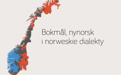 Mapa Norwegii z zaznaczonymi obszarami używania bokmål, nynorsk i norweskich dialektów.
