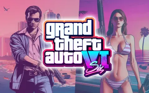 El logo de Grand Theft Auto VI con un hombre armado y una mujer en bikini. ¡Todos preguntan: que dia sale el GTA 6!