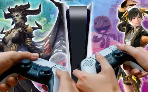 Manos sujetando mandos de PS5, rodeando una consola, con personajes de videojuegos como una demonia, Sackboy y una luchadora. ¡Diversión asegurada con los juegos de la Play!