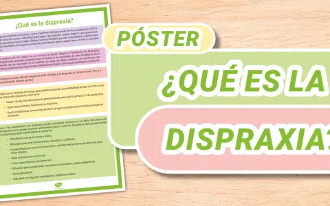 Póster informativo sobre qué es la dispraxia, sus causas, factores de riesgo y cómo se manifiesta en niños.