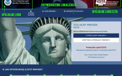 Oficjalna strona ESTA, gdzie złożysz wniosek o wizę turystyczną USA. Zobaczysz tu logo U.S. Customs and Border Protection i informacje o podróży.