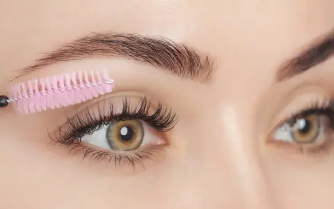 Brosse à cils rose peignant des cils longs et épais. Attention aux dangers de l'huile de ricin pour les cils.