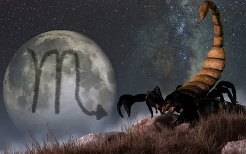 Skorpion na tle księżyca z symbolem zodiaku i rozgwieżdżonego nieba. Tajemniczy ascendent w skorpionie.
