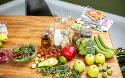 Składniki na dietę sirt: surowe mięso, sałatka, pomidorki, awokado, jabłka, kapusta, banany, nasiona, orzechy, oliwa, mleko.