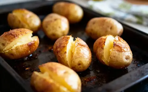 Plusieurs pommes de terre au four, dorées et fendues, sur une plaque de cuisson.