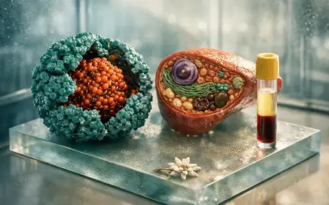 Modell einer Zelle und eines Virus, daneben ein Blutröhrchen. Dies könnte auf einen erhöhten Ferritinwert hinweisen, der auf Eisenüberladung oder Entzündungen hindeutet.