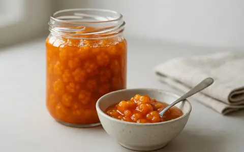 En burk och en skål med gyllene hjortronsylt. Perfekt för ditt hjortronsylt recept.