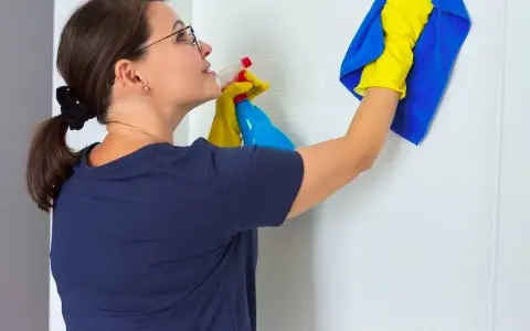 Mujer con guantes amarillos y paño azul limpia puerta lacada en blanco con spray.