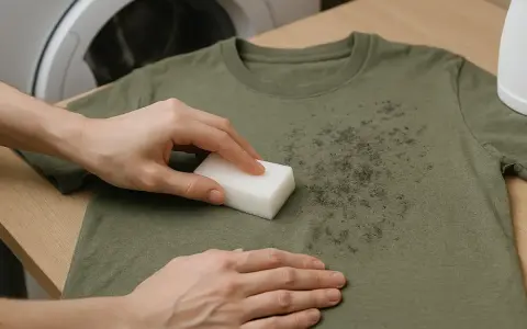 Manos frotando manchas negras en camiseta verde con esponja, cerca de una lavadora.