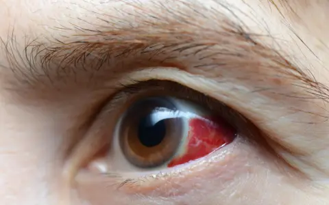 Occhio con forte arrossamento, possibile sintomo di complicanze del diabete.
