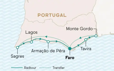 Karte der Algarve mit Routen von Sagres über Lagos, Armação de Pêra, Faro, Tavira bis Monte Gordo. Zeigt Radtouren und Transfers.