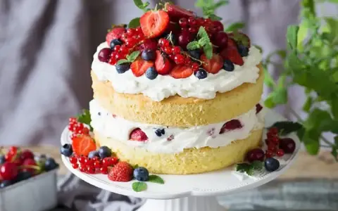 Puszysty biszkopt przełożony kremem i owocami leśnymi. Idealny przepis na tort dla każdego.