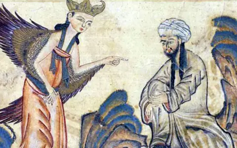 Ein geflügeltes Wesen mit Krone deutet auf einen Mann. Vielleicht eine Darstellung, was sind Jinns, Wesen zwischen Mensch und Engel.