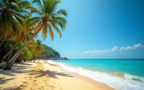 Plaża ze Sri Lanki z palmami, turkusową wodą i piaszczystym brzegiem.