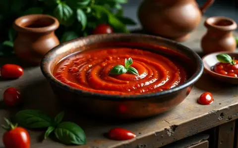 Gęsty, aromatyczny sos do pizzy w misce, ozdobiony listkiem bazylii. Wokół świeże pomidorki i gliniane naczynia.
