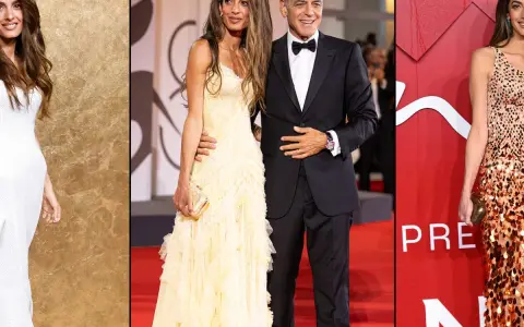 Amal Clooney stuns in a pale yellow lace gown next to George Clooney in a tuxedo. Another woman in a white dress and one in a sequined dress are also pictured.