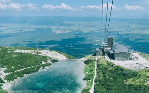 Widok z kolejki linowej na Skalnate Pleso, drugi szczyt w Tatrach. Jezioro, budynek i rozległa panorama.
