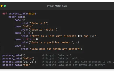 Kod Pythona demonstrujący `python switch` (match-case) do przetwarzania danych, z przykładami dla liczb, stringów i list.
