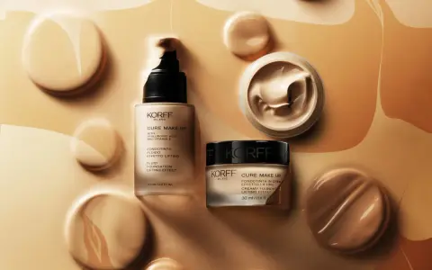 Prodotti Korff, fondotinta fluido e in crema, pronti per essere applicati, un'idea di come si mette il primer per un effetto lifting.