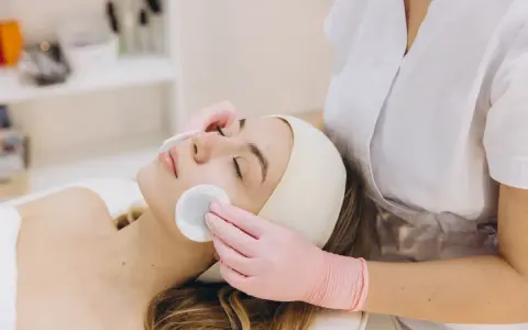 Una donna riceve una pulizia del viso con dischetti di cotone. La durata di una pulizia del viso varia, ma questo momento di relax è prezioso.