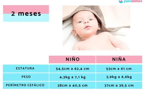 Bebé de 2 meses. Tabla de crecimiento con rangos de estatura, peso y perímetro cefálico para niño y niña. El peso de un bebé de 2 meses varía.