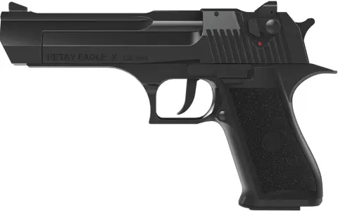 Czarny pistolet Retay Eagle X Cal 9mm, przypominający wyglądem model Desert Eagle, często kojarzony ze stalkerami.