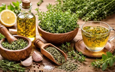 Huile infusée, tisane et herbes fraîches de la sarriette, prêtes à parfumer vos plats.