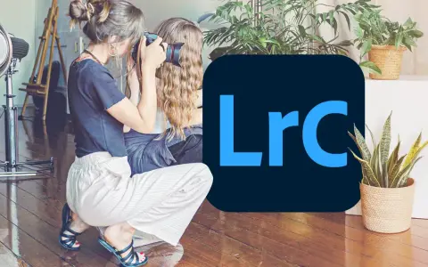Fotografka robi zdjęcie, a obok logo Lightroom. Odkryj możliwości edycji zdjęć z Lightroom free.