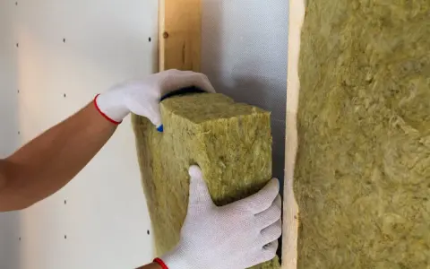 Pose de laine de verre 2 couches pour une isolation optimale. Les mains gantées ajustent le matériau isolant dans la structure murale.