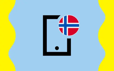 Ikona telefonu z flagą Norwegii na jasnoniebieskim tle z falistymi żółtymi bokami.