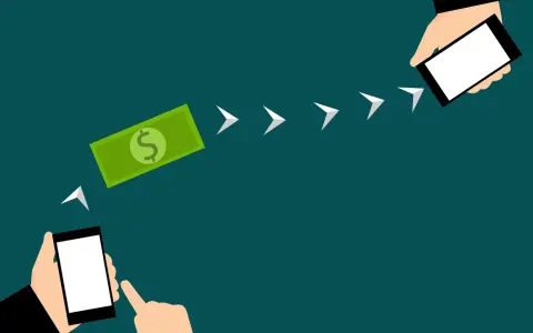 Ilustración que muestra cómo se hace una transferencia bancaria: un billete de dólar se mueve de un teléfono a otro, indicando el proceso.