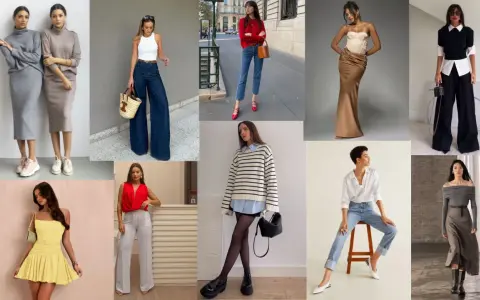 Collage di outfit semplici ma eleganti: abiti lunghi, pantaloni a palazzo, gonne midi e top chic.