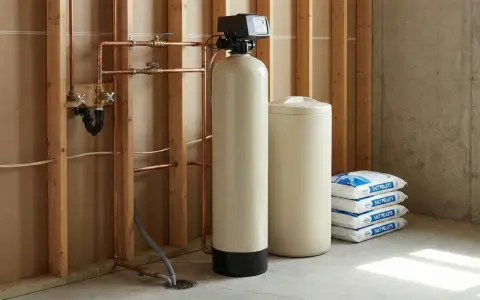 Système d'adoucisseur d'eau avec réservoir de sel, tuyauterie en cuivre et sacs de sel pour une eau plus douce.