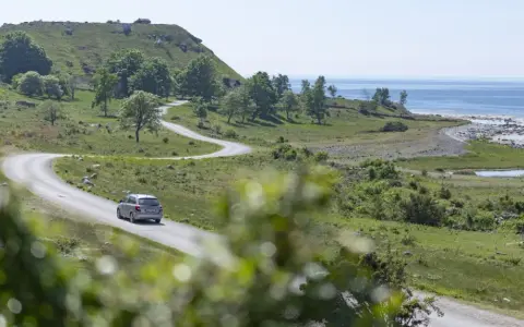 En bil kör på en slingrig väg längs Gotlands kust. Perfekt för att upptäcka nya aktiviteter på Gotland.