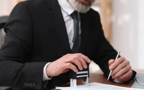 Mężczyzna w garniturze stempluje dokument, który może być aktem notarialnym mieszkania.