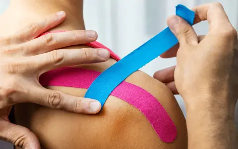 Aplikacja kinesiotapingu na ramię. Różowe i niebieskie plastry wspierają mięśnie. Co oznaczają kolory?