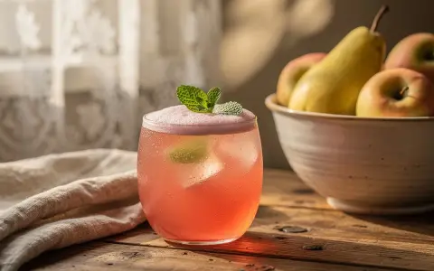Verre de boisson rose pétillante, garni de menthe. Un bol de fruits et un tissu sont en arrière-plan. Délicieux eau de rhubarbe.