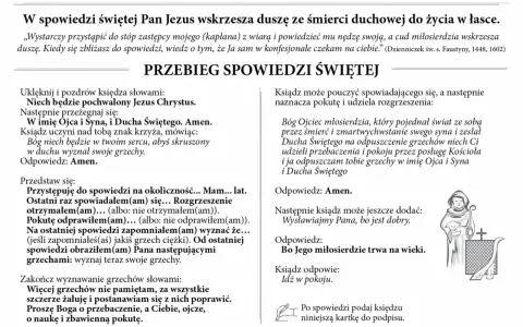 Tekst "spowiedź święta tekst" opisuje przebieg spowiedzi, modlitwy i formuły rozgrzeszenia.