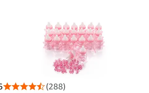 En stor godisask med många små rosa nappflaskor dekorerade med rosetter och små nappar.