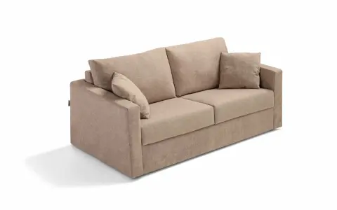 En beige soffa med lösa kuddar, perfekt för den som vill byta stoppning soffa och ge den nytt liv.