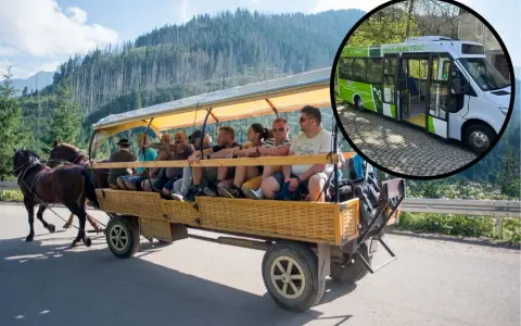 Tradycyjny wóz konny i nowoczesny bus elektryczny w Bukowinie Tatrzańskiej. Sprawdź cennik przejazdu do Morskiego Oka.