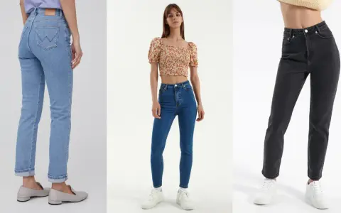 Idealne spodnie dla klepsydry: jasne jeansy z wysokim stanem, ciemne jeansy skinny i klasyczne niebieskie jeansy.