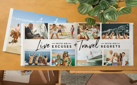 Otwarty album ze zdjęciami z podróży, z cytatami "Live with no excuses + Travel with no regrets". Idealne wspomnienia cytaty do albumu ze zdjęciami.
