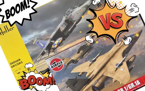 Zwei Modellbausätze von Kampfjets, Heller und Airfix, im Comic-Stil. Ein "BOOM!"-Effekt und "VS" deuten auf einen Wettbewerb hin.