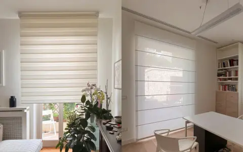 Due tende moderne, una a rullo a strisce alternate e una a pacchetto, mostrano la loro lunghezza ideale per ogni ambiente.
